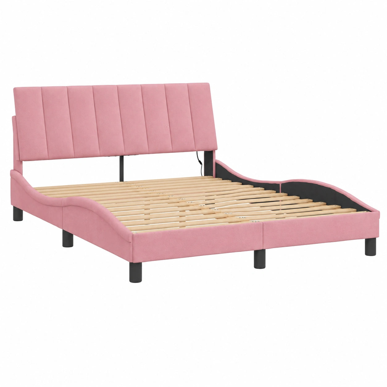 Cama de Terciopelo Rosa con Luces LED y Somier de Listones, 120x200 cm