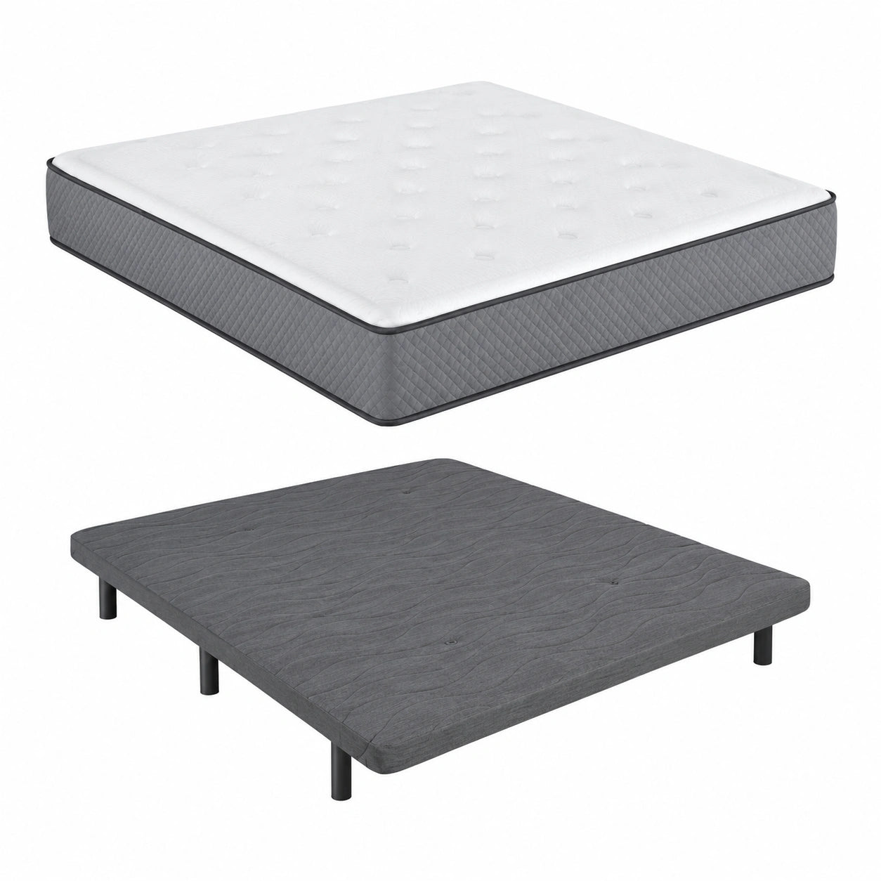 Juego de Cama Individual: Base Tapizada y Colchón Viscoelástico de Alta Calidad, Fabricado en España (135x190, Gris)
