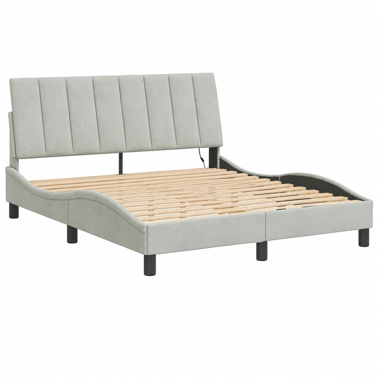 Cama de Terciopelo Gris Claro con LED 160x200 cm, Base Curvada y Listones