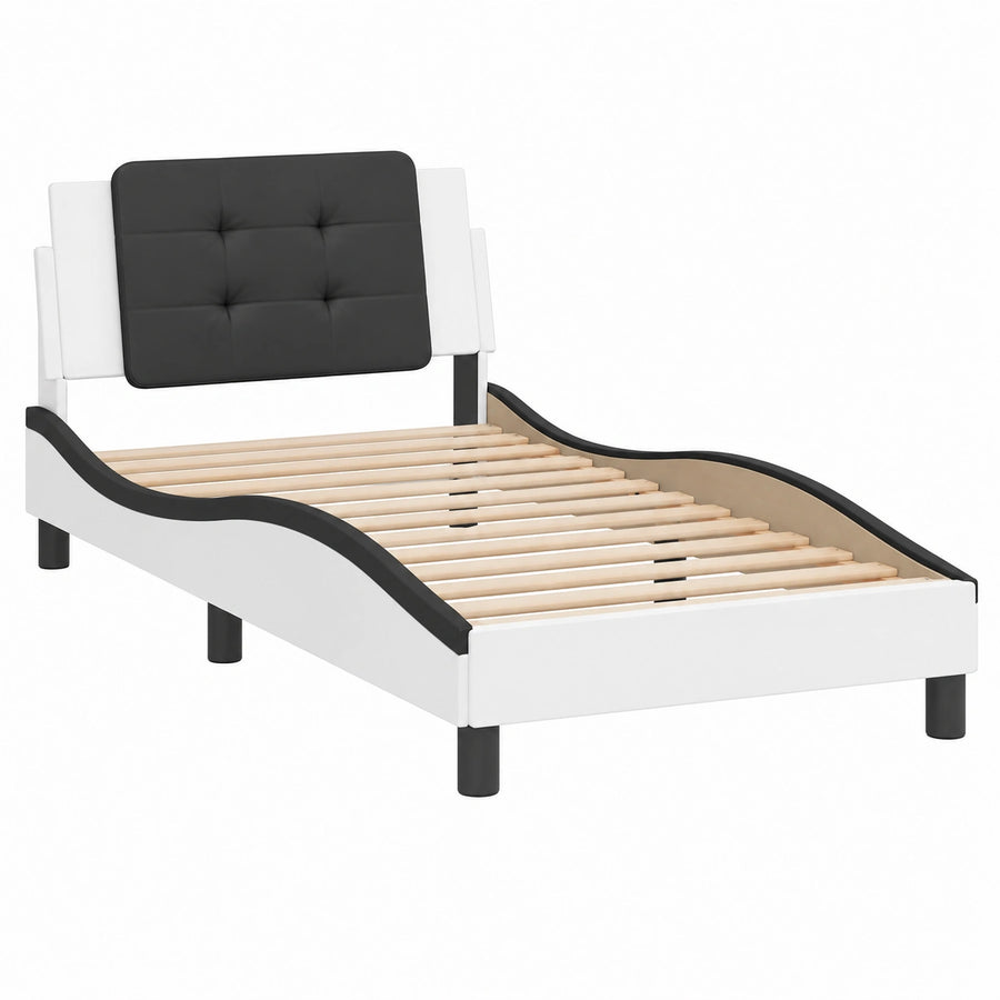 Cama Zadar de Cuero Sintético, Base Curvada, Blanco y Negro