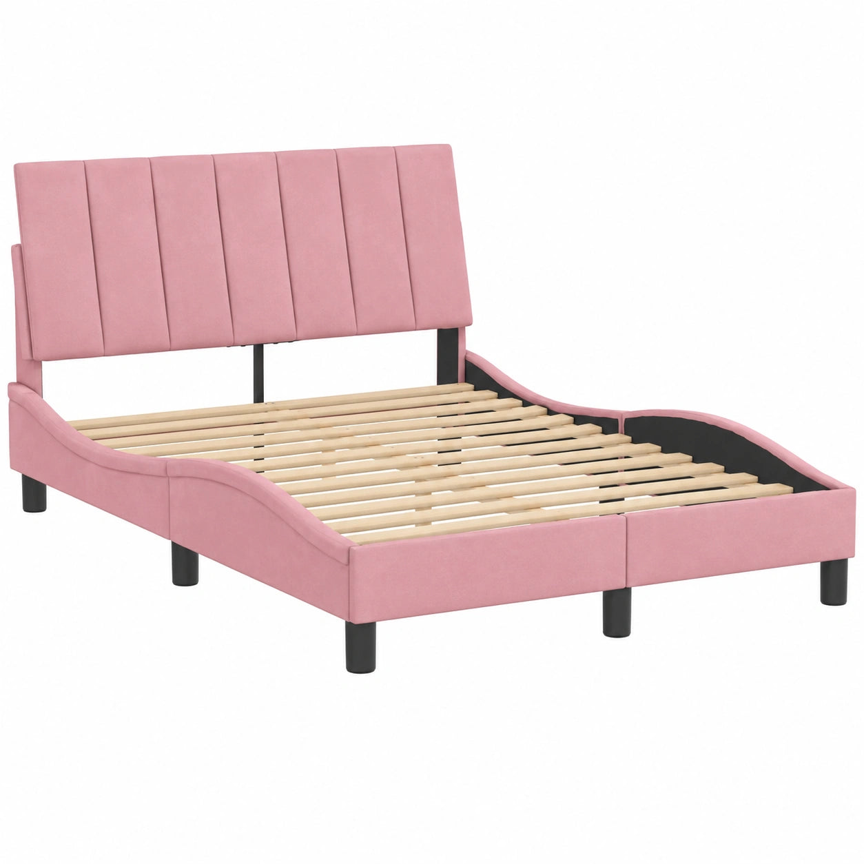 Cama de Terciopelo Rosa con Luces LED, Base Curva 140x200 cm