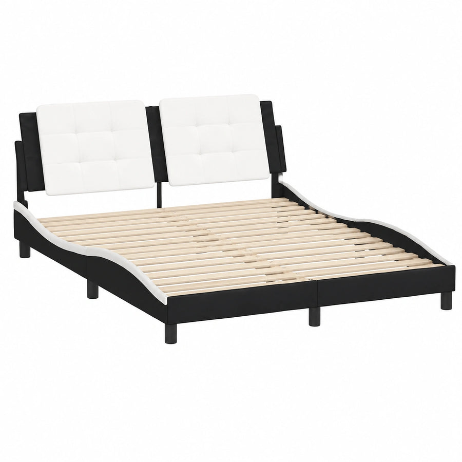 Cama Tapizada con Somier de Listones, Cuero Sintético, 160x200 cm, Negro y Blanco