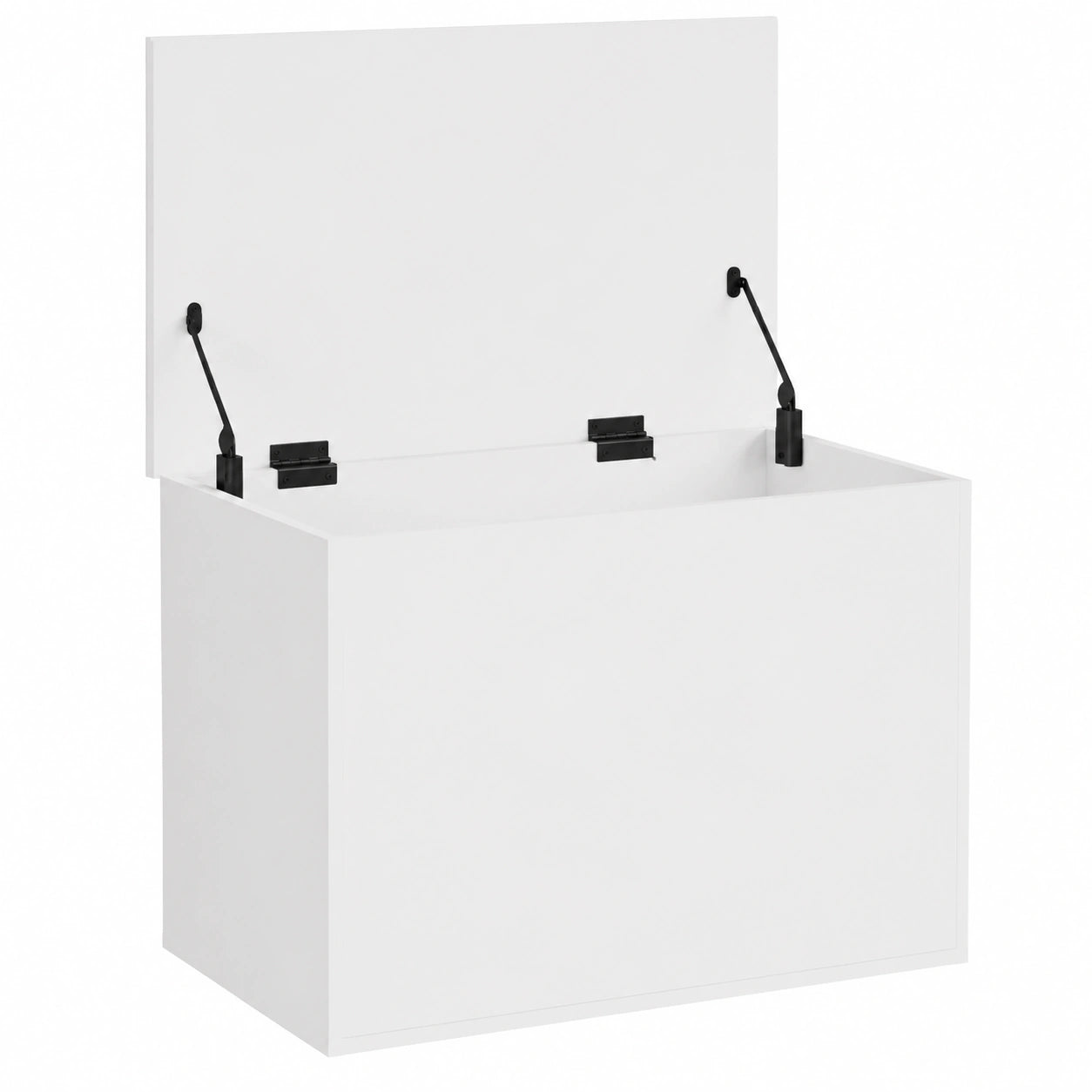Arcón de almacenamiento blanco 60 cm, madera resistente a la humedad. Gran capacidad para ropa, mantas y juguetes. Tapa elevable con pistón de gas, uso como mesa de centro. Montaje sencillo, soporta 125 kg. Versátil para salón y dormitorio.