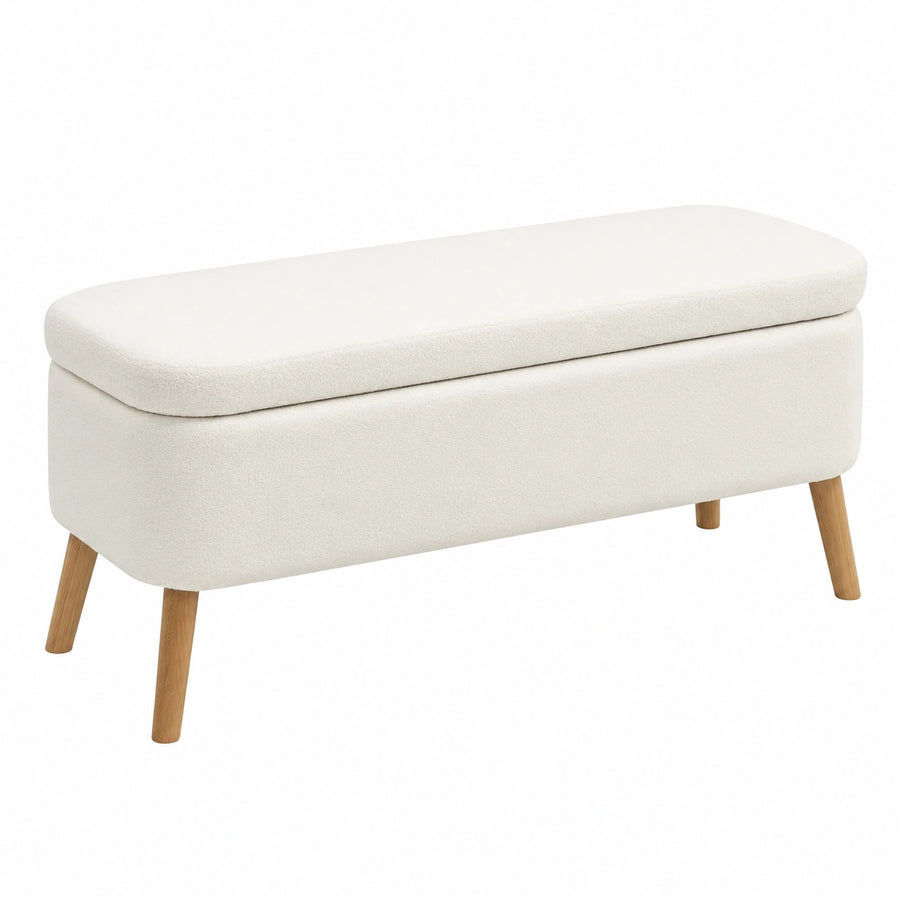 Banco de Almacenamiento HOMCOM con Tapizado de Vellón y Patas de Madera, para Salón, Dormitorio o Pasillo, 120 x 42 x 45 cm, Blanco Crema